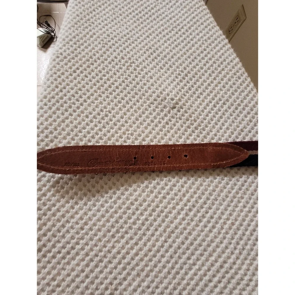 Alexander Julian Colours Mens Striped Canvas Leather Belt Burgundy Navy‎ Size 40